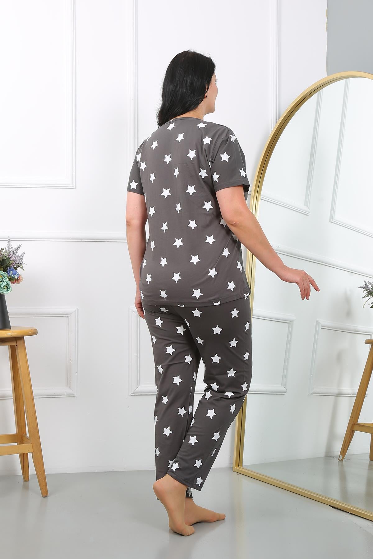 Akbeniz Kadın Büyük Beden Kısa Kol Penye Pijama Takımı Füme 202407