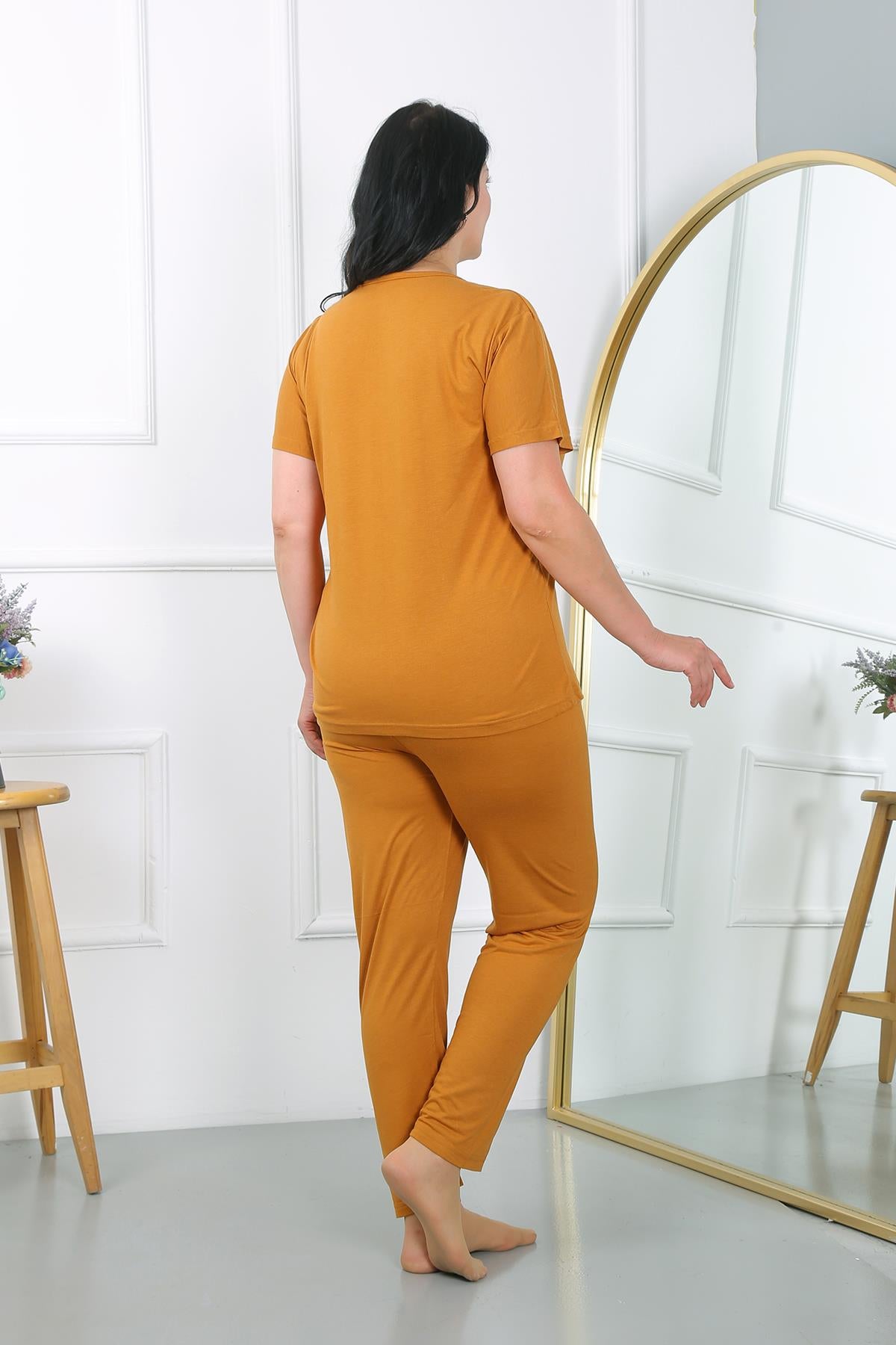 Akbeniz Kadın Büyük Beden Kısa Kol Penye Pijama Takımı Hardal 202405