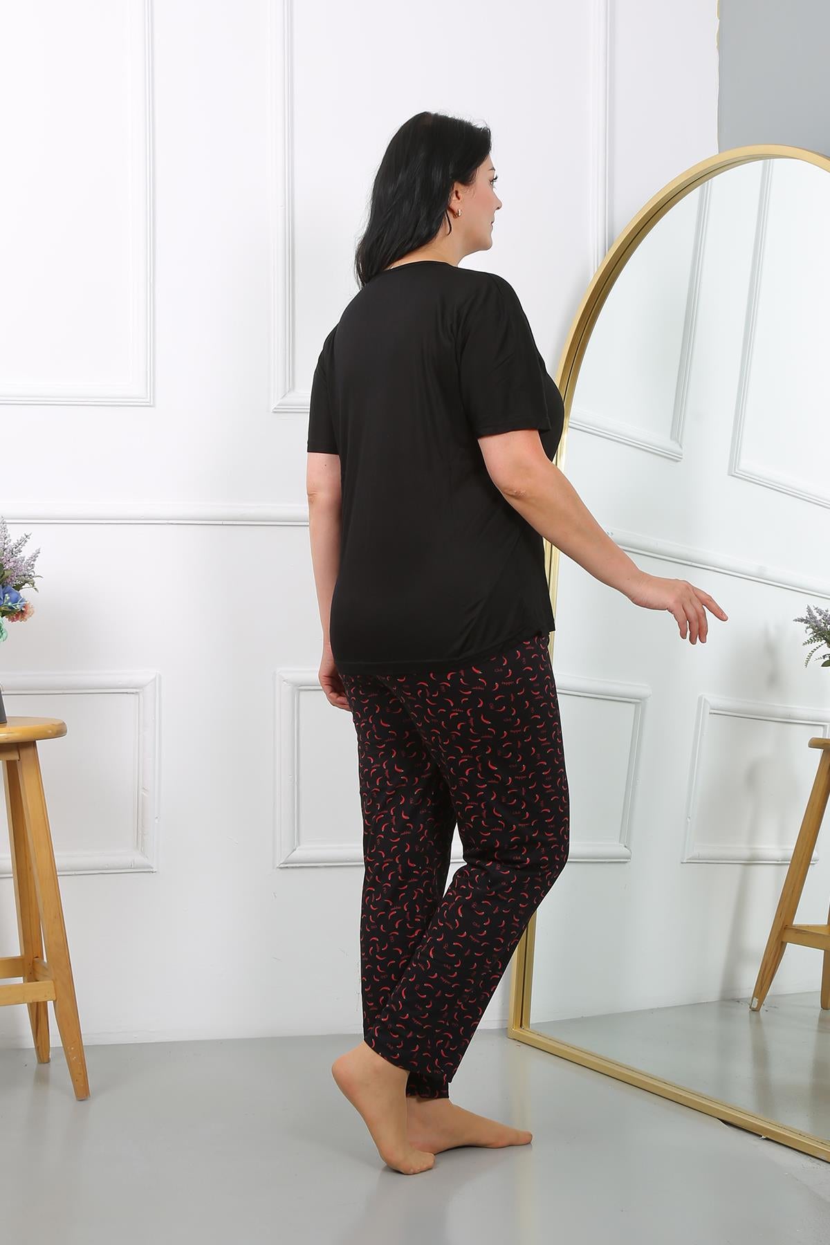 Akbeniz Kadın Büyük Beden Kısa Kol Penye Pijama Takımı Siyah 202406