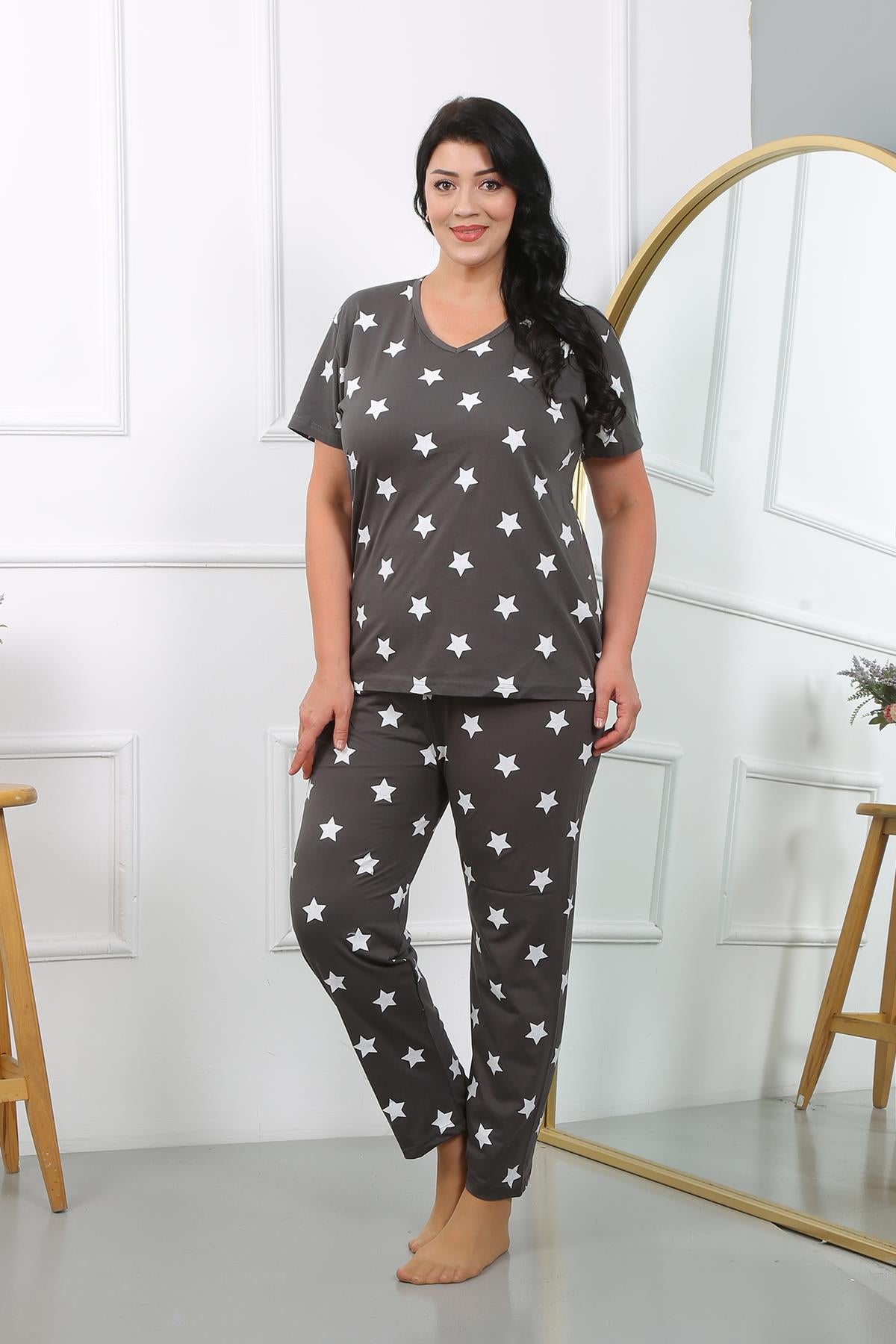 Akbeniz Kadın Büyük Beden Kısa Kol Penye Pijama Takımı Füme 202407