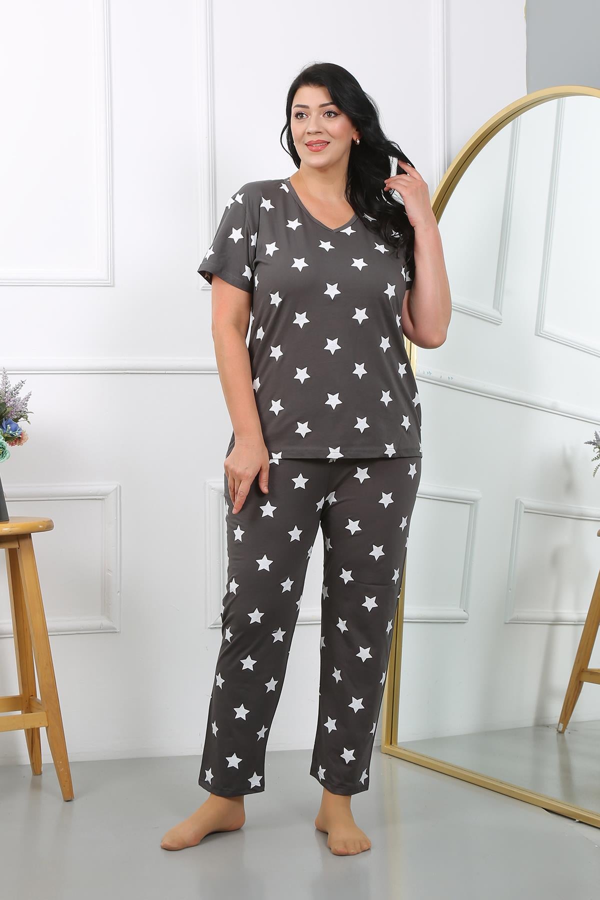 Akbeniz Kadın Büyük Beden Kısa Kol Penye Pijama Takımı Füme 202407
