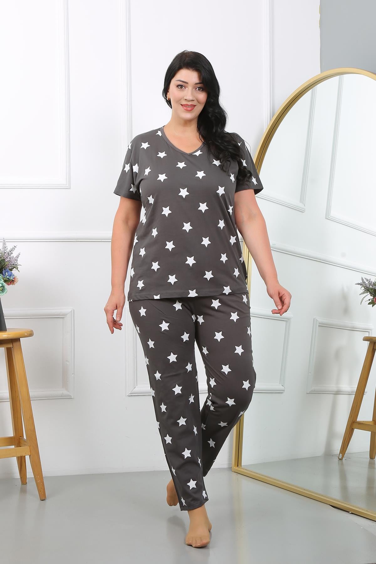 Akbeniz Kadın Büyük Beden Kısa Kol Penye Pijama Takımı Füme 202407