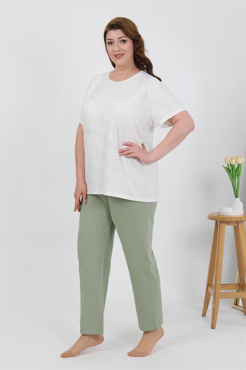 Akbeniz Kadın Büyük Beden Kısa Kol Penye Pijama Takımı Beyaz 202510