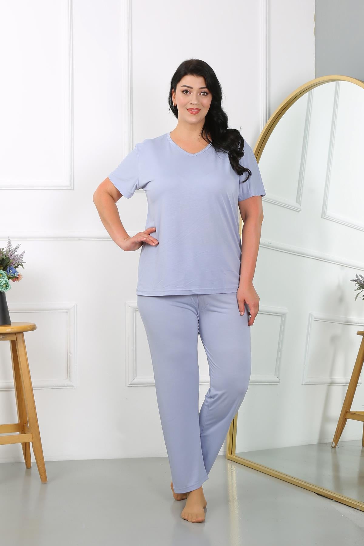 Akbeniz Kadın Büyük Beden Kısa Kol Penye Pijama Takımı Lila 202405