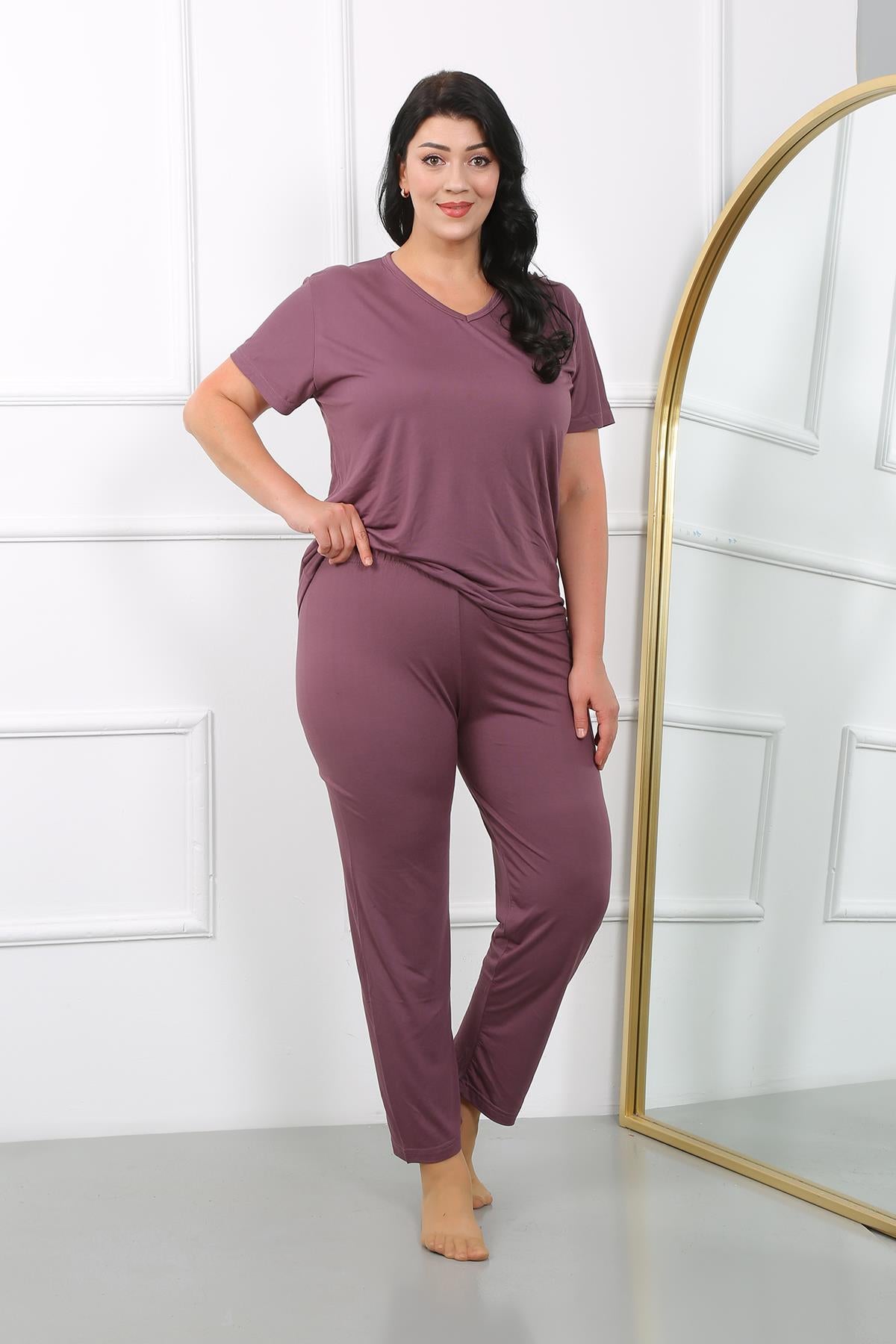 Akbeniz Kadın Büyük Beden Kısa Kol Penye Pijama Takımı Mürdüm 202405