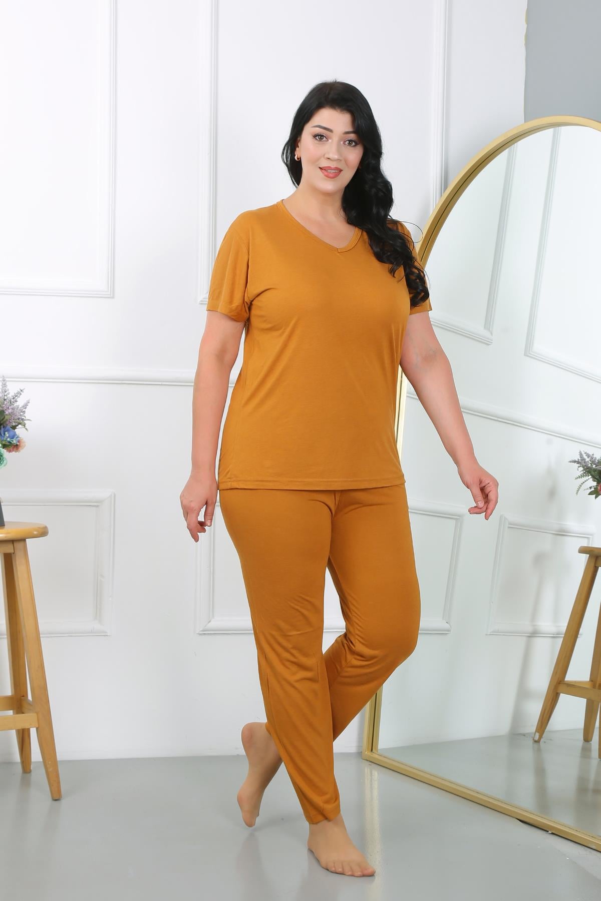 Akbeniz Kadın Büyük Beden Kısa Kol Penye Pijama Takımı Hardal 202405