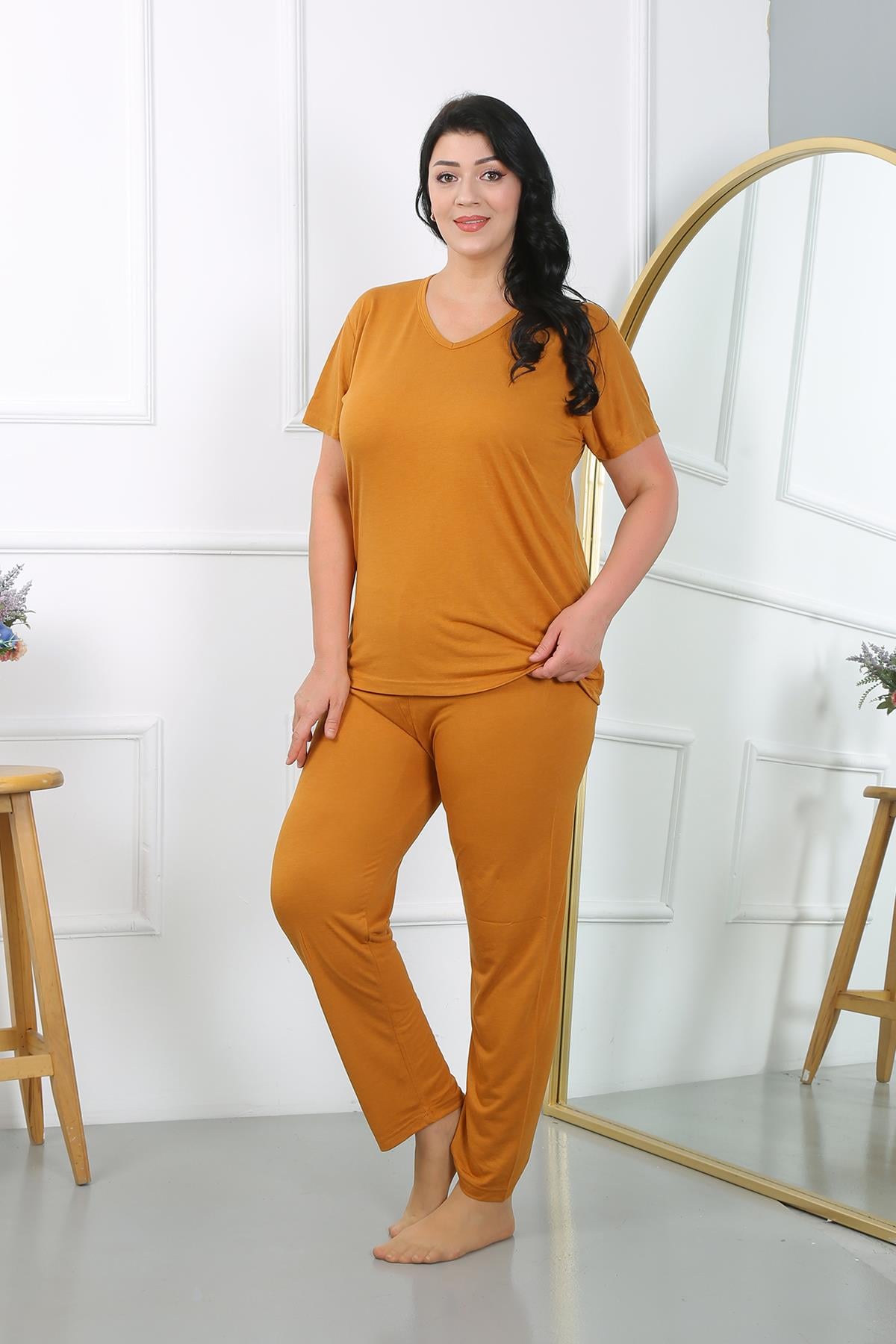 Akbeniz Kadın Büyük Beden Kısa Kol Penye Pijama Takımı Hardal 202405