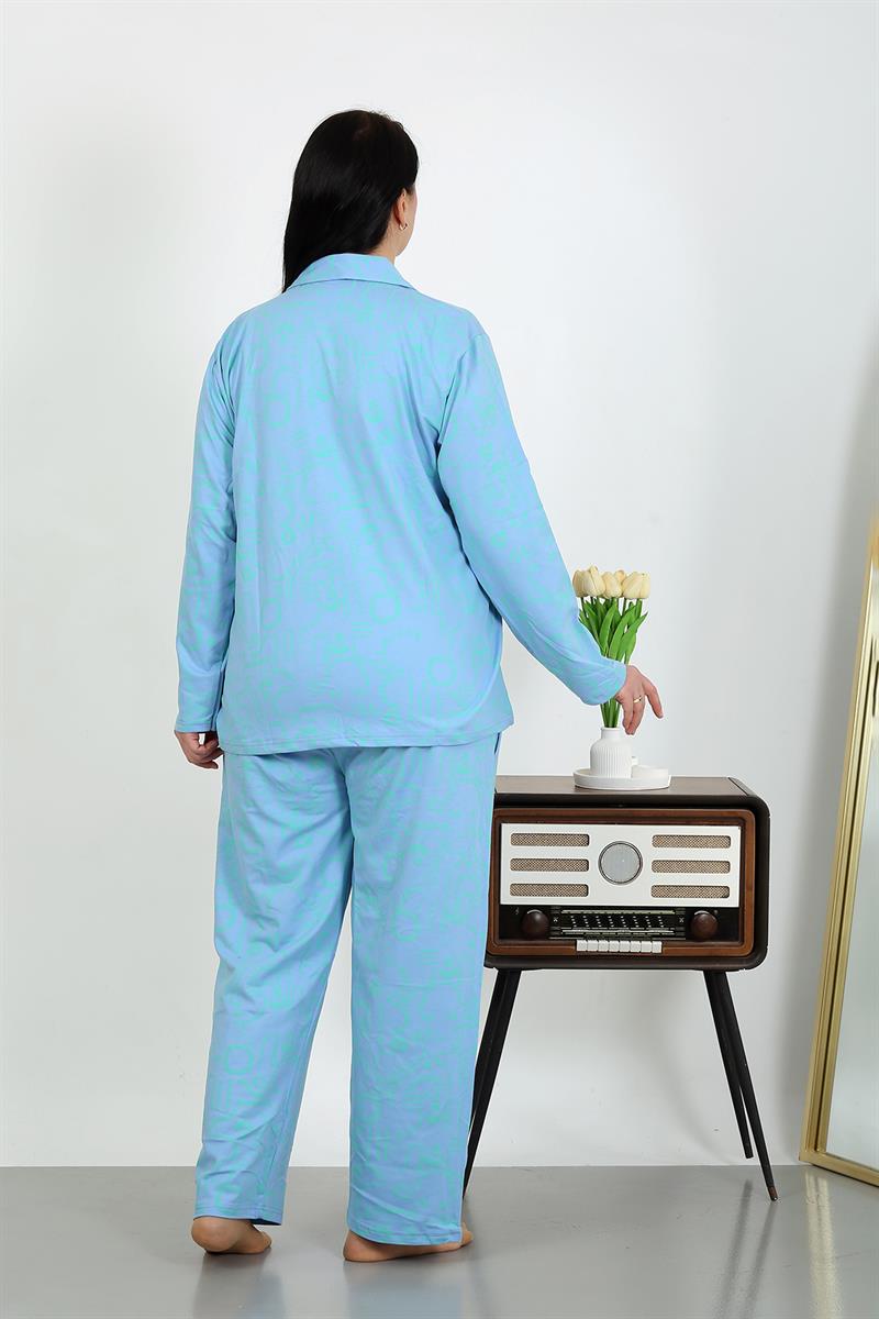 Akbeniz Kadın Büyük Beden Pamuklu Cepli Düğmeli Mavi Pijama Takım 202504
