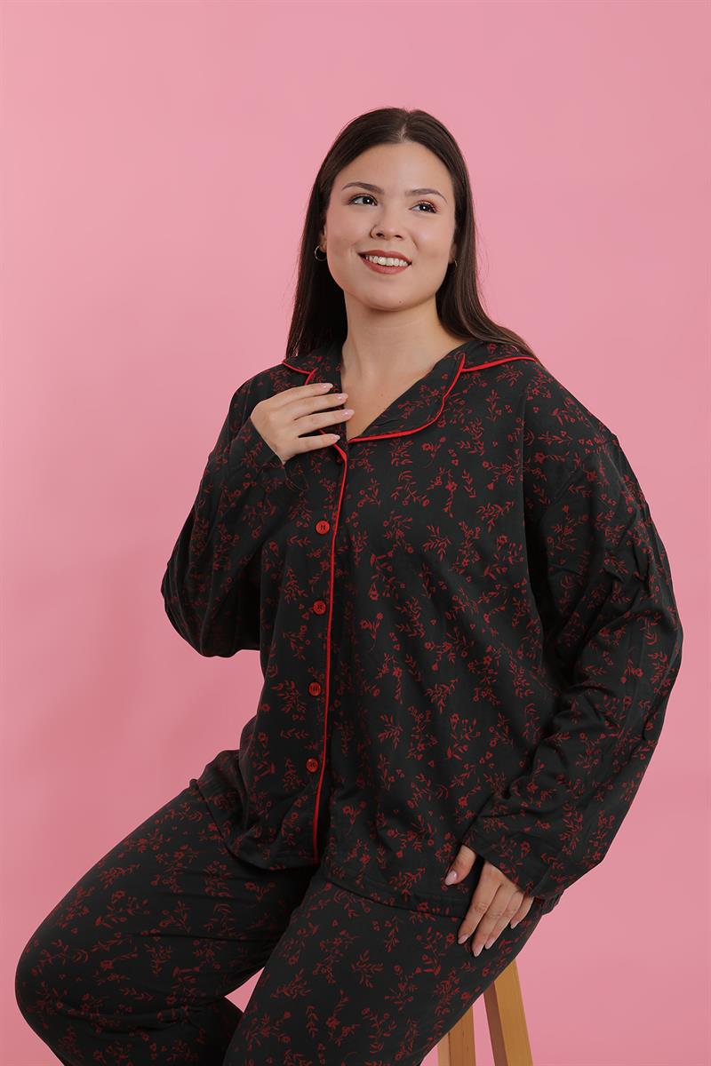 Akbeniz Kadın Büyük Beden Siyah Kırmızı Çiçekli Düğmeli Pijama Takımı
