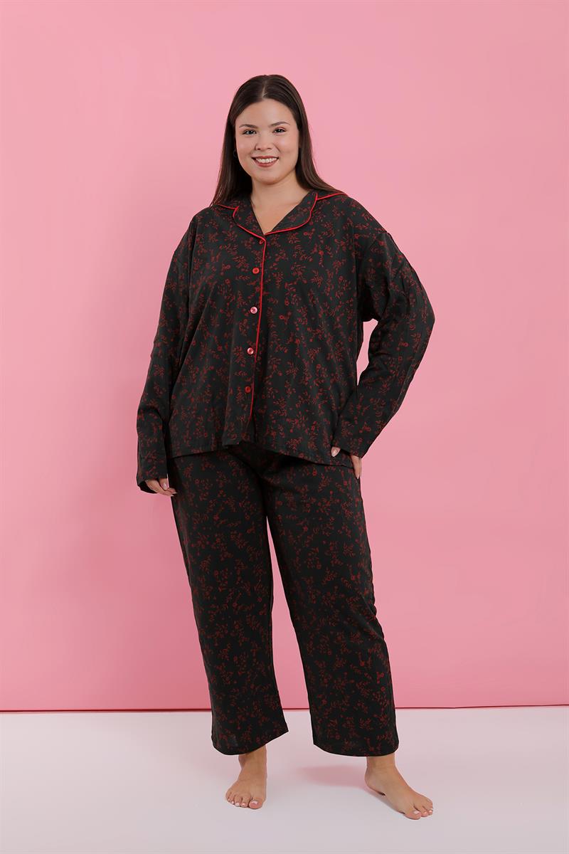 Akbeniz Kadın Büyük Beden Siyah Kırmızı Çiçekli Düğmeli Pijama Takımı