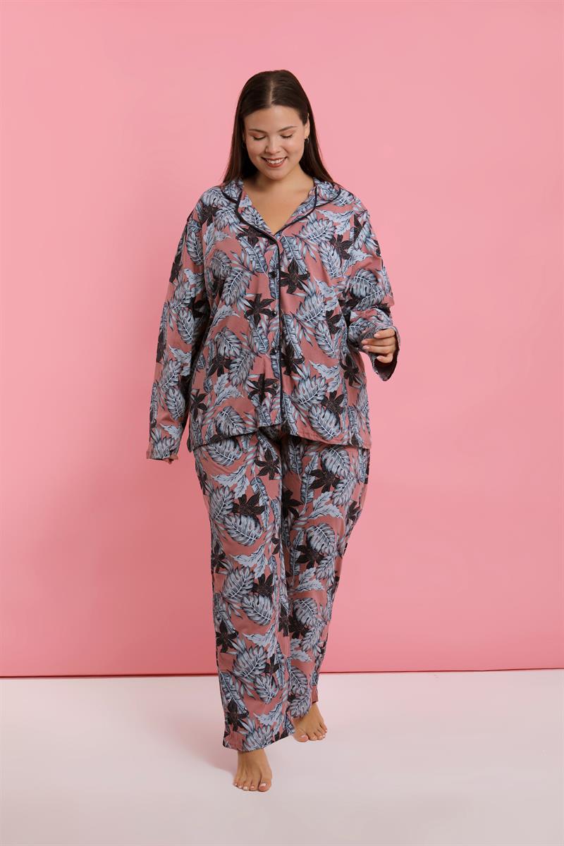 Akbeniz Kadın Büyük Beden Somon Yaprak Desenli Düğmeli Pijama Takımı