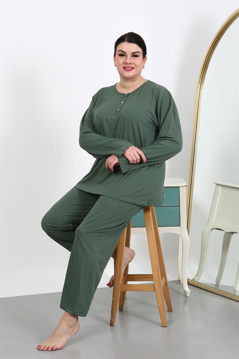 Akbeniz Kadın Büyük Beden Uzun Kol Penye Pijama Takımı Haki 202501
