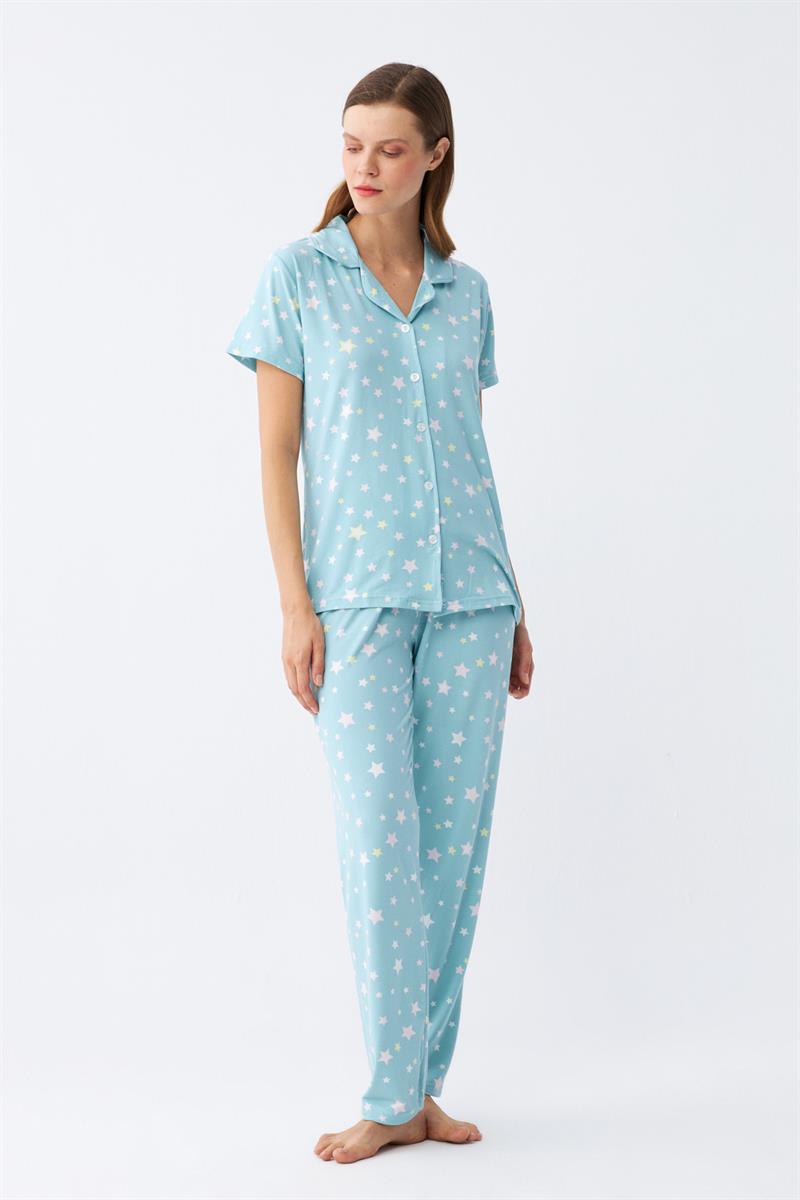 Akbeniz Kadın Buz Mavisi Yıldız Desenli Önden Düğmeli Pijama Takımı