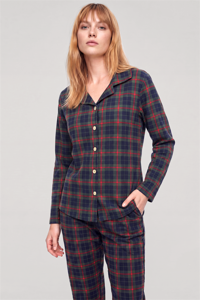 Akbeniz Kadın Ekose Desenli Düğmeli Pijama Takımı