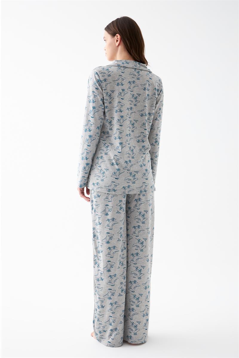 Akbeniz Kadın Gri Desenli Düğmeli Pamuklu Pijama Takımı