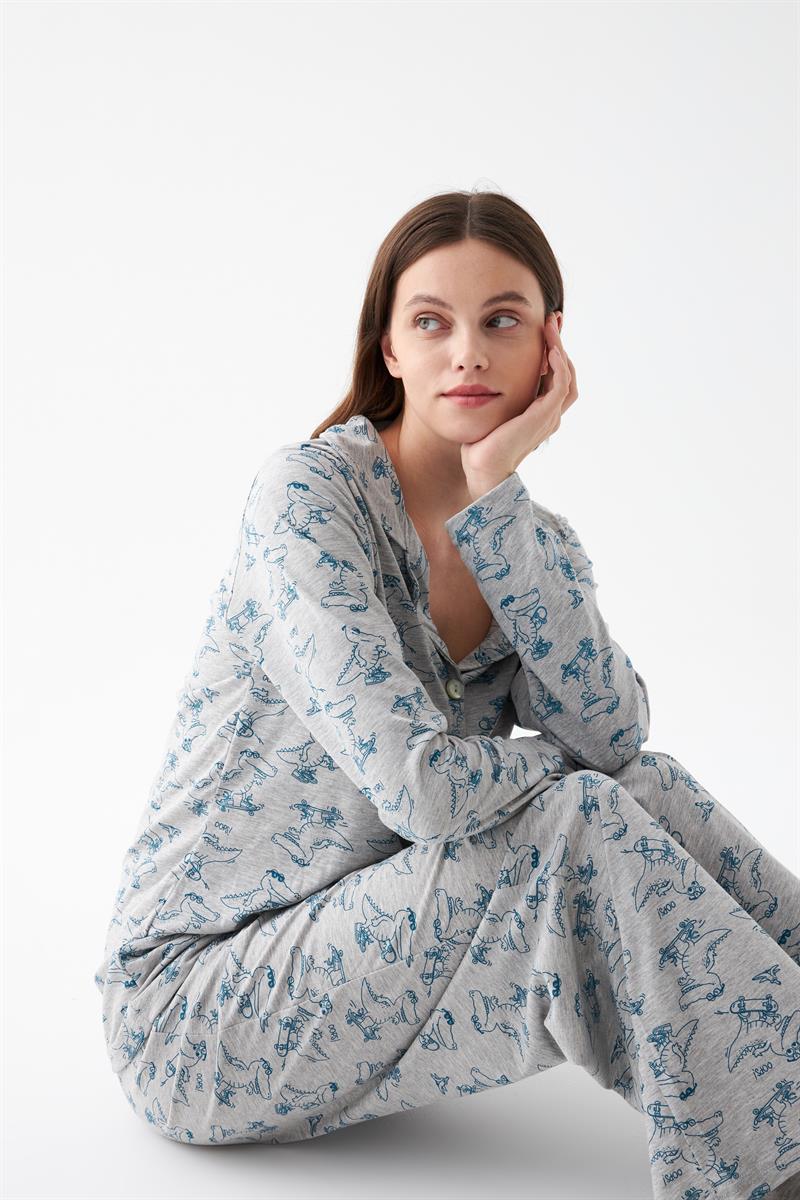 Akbeniz Kadın Gri Desenli Düğmeli Pamuklu Pijama Takımı