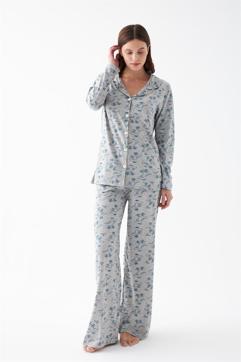 Akbeniz Kadın Gri Desenli Düğmeli Pamuklu Pijama Takımı