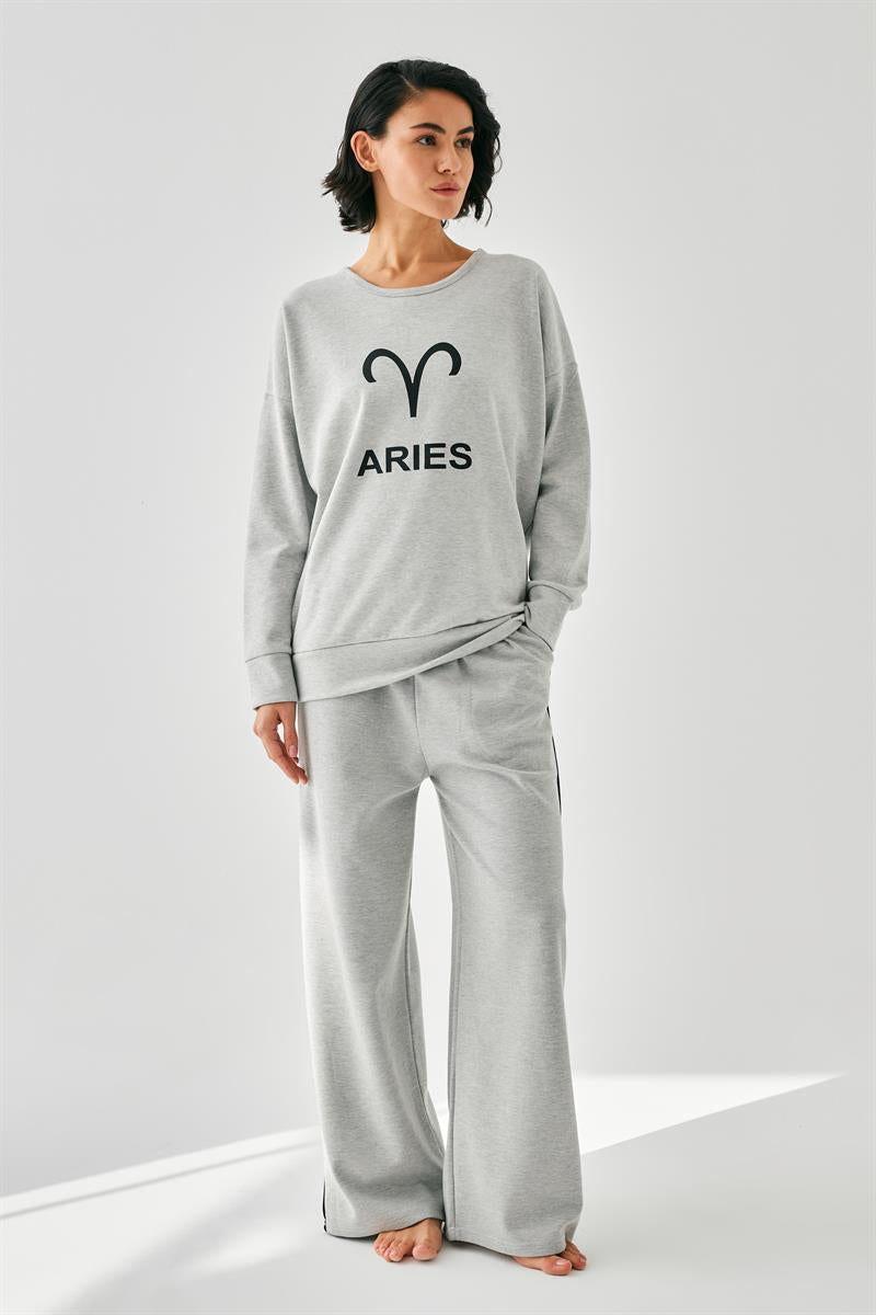 Akbeniz Kadın Gri Koç Burcu Oversize 2 İplik Eşofman Ev Giyim Takımı