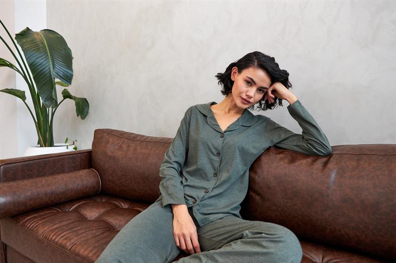 Akbeniz Kadın Haki Düğmeli Pamuklu Pijama Takımı