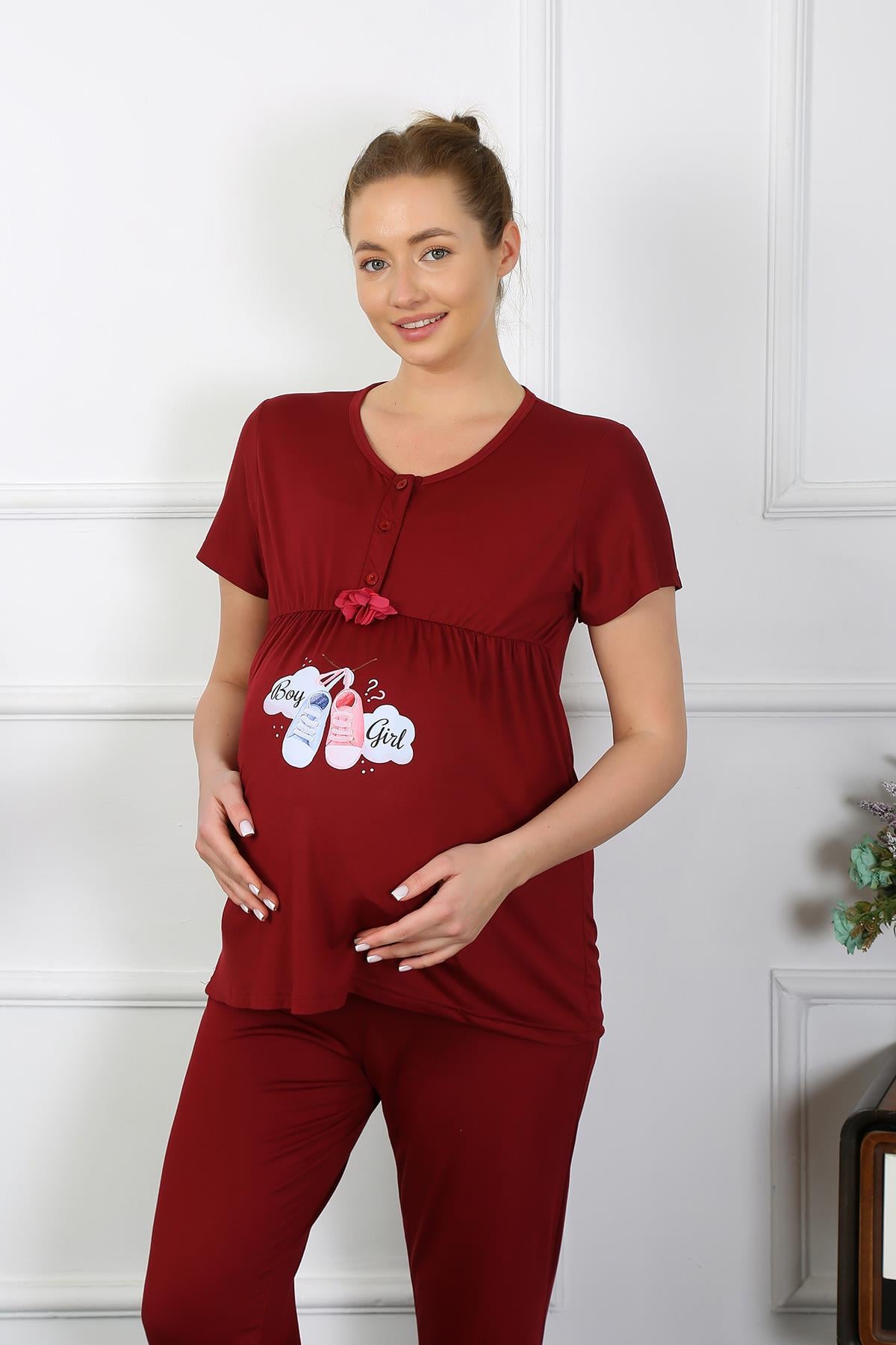 Akbeniz Kadın Kısa Kol Hamile Lohusa Pijama Takımı Bordo 45210