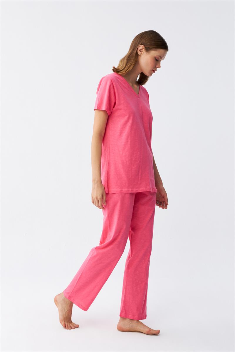 Akbeniz Kadın Kısa Kol Pamuk Penye Pijama Takım Fuşya 4213