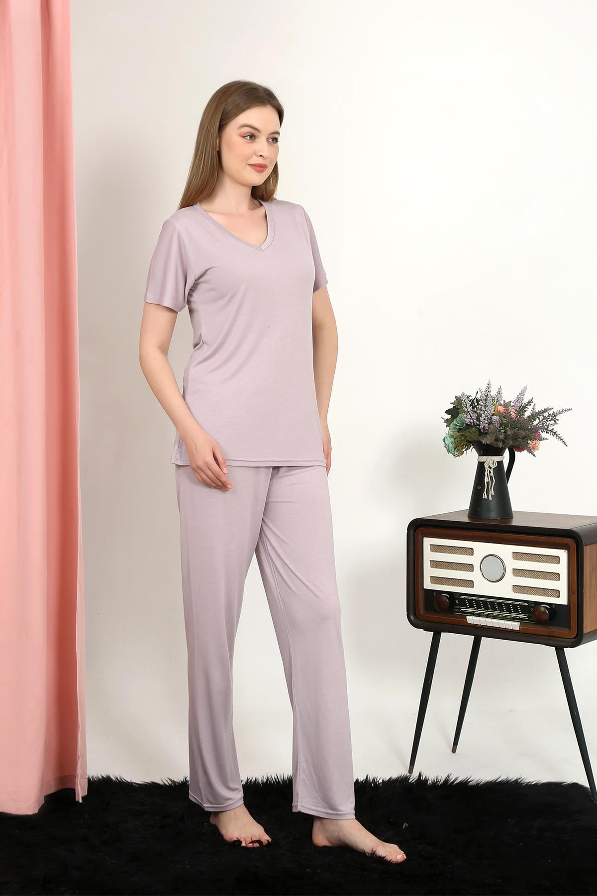 Akbeniz Kadın Kısa Kol Pamuk Penye Pijama Takım Pudra 4213