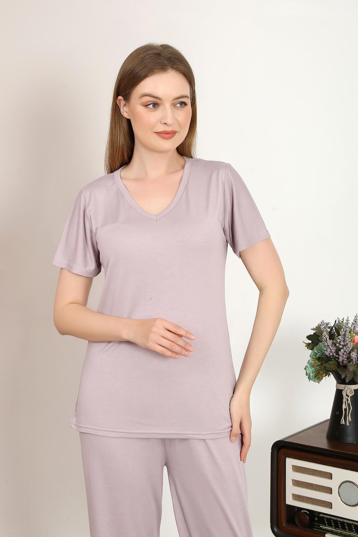 Akbeniz Kadın Kısa Kol Pamuk Penye Pijama Takım Pudra 4213