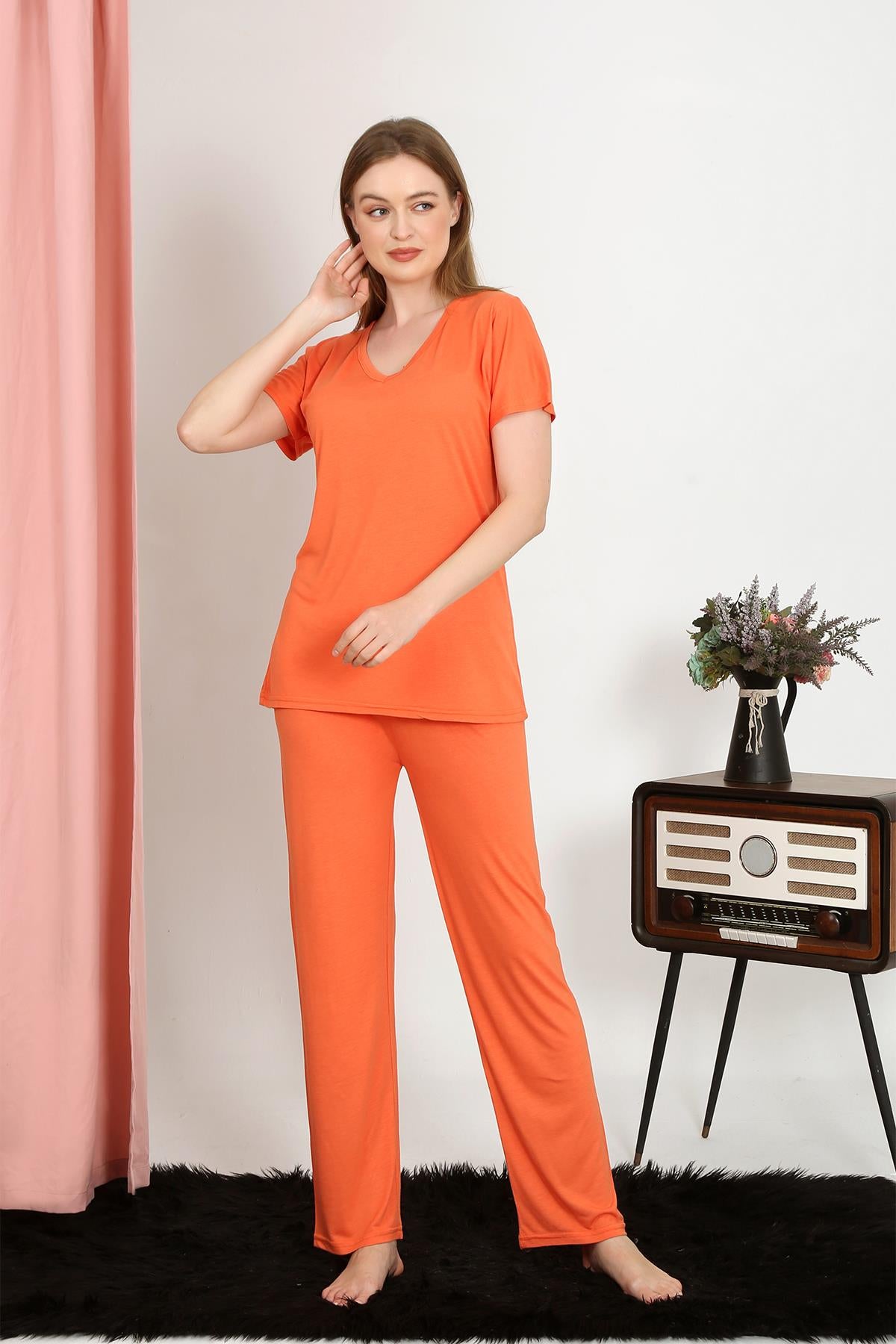 Akbeniz Kadın Kısa Kol Pamuk Penye Pijama Takım Turuncu 4213