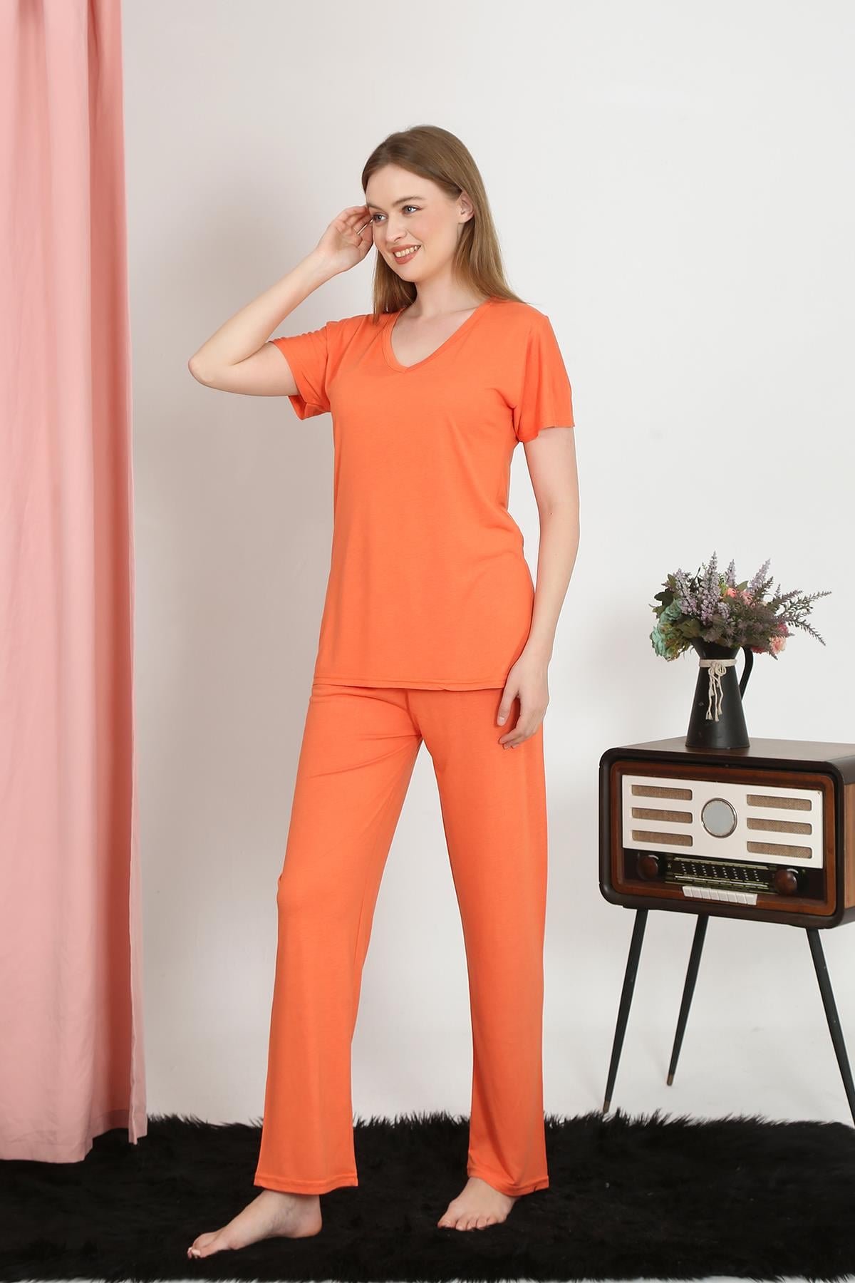 Akbeniz Kadın Kısa Kol Pamuk Penye Pijama Takım Turuncu 4213