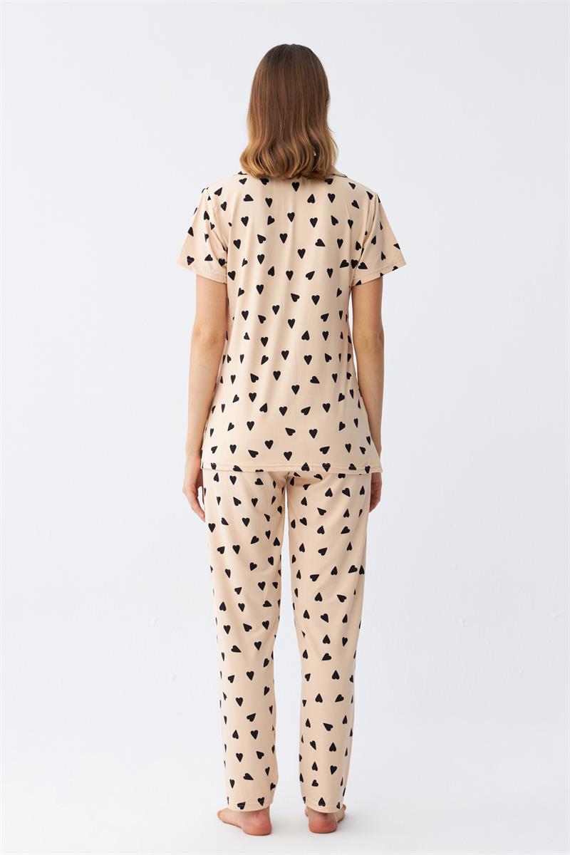 Akbeniz Kadın Krem Rengi Kalp Desenli Önden Düğmeli Pijama Takımı