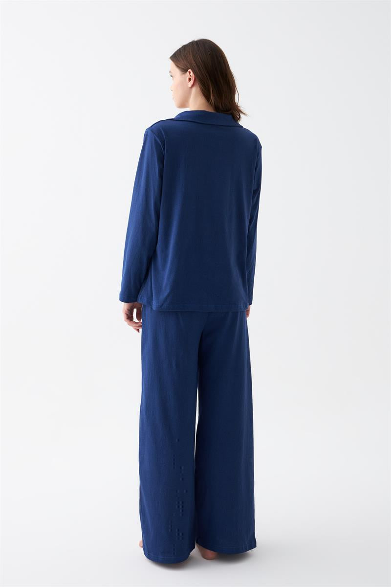 Akbeniz Kadın Lacivert Düğmeli Yaka Detaylı Pamuklu Pijama Takımı