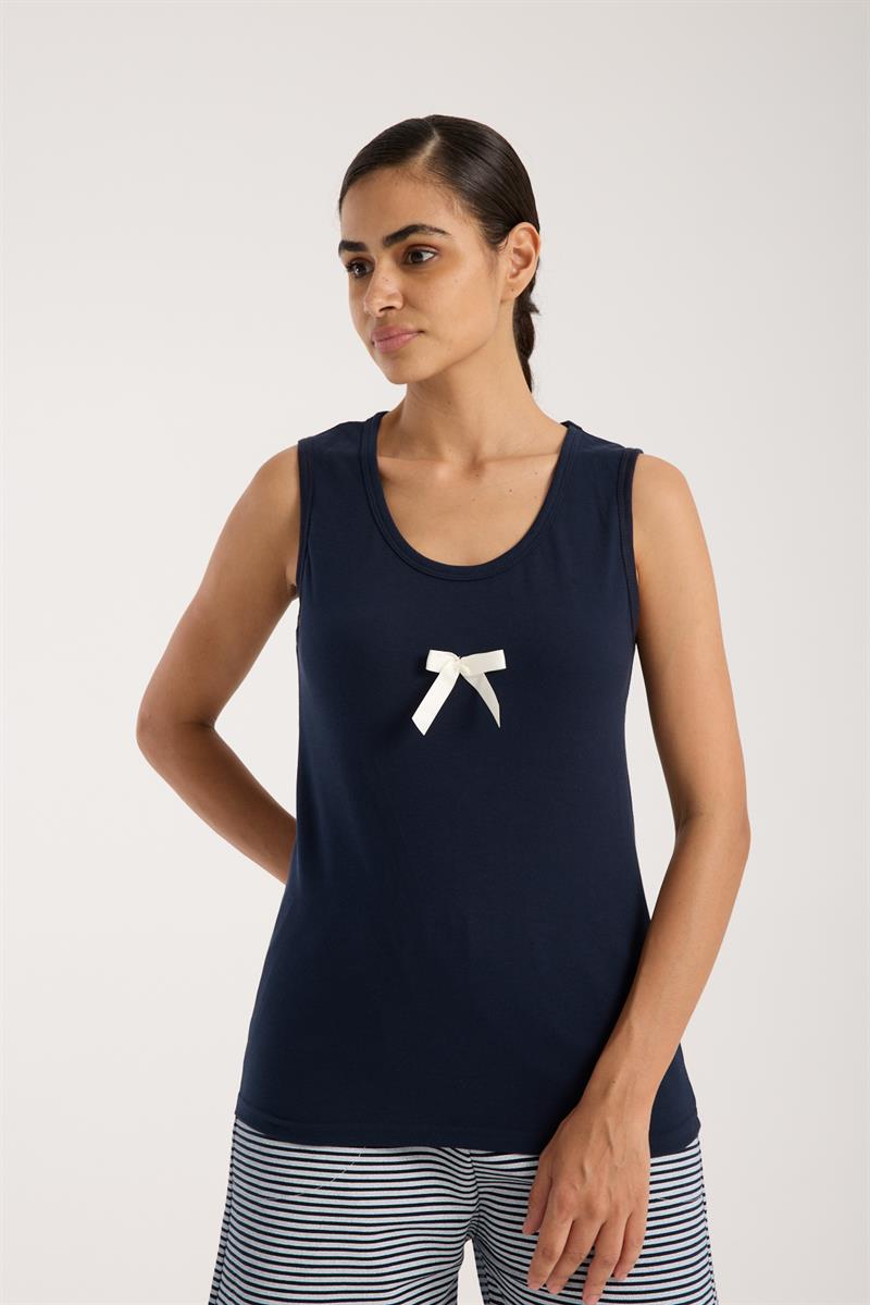 Akbeniz Kadın Lacivert Kurdele Detaylı Çizgili Şortlu Pijama Takımı