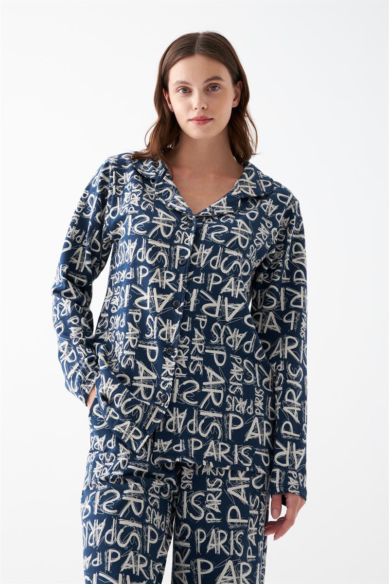 Akbeniz Kadın Lacivert “Paris” Yazı Desenli Düğmeli Pamuklu Pijama Takımı
