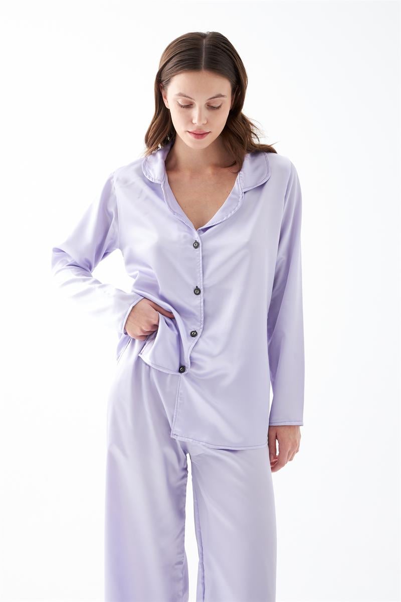 Akbeniz Kadın Lila Oversize Saten Pijama Takımı