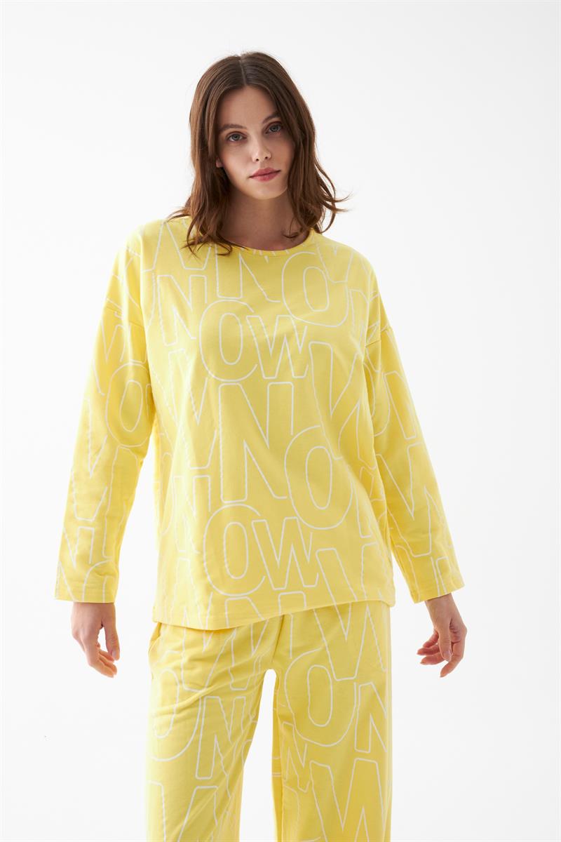 Akbeniz Kadın Oversize Sarı Desenli Pamuklu Kalın Pijama Takımı