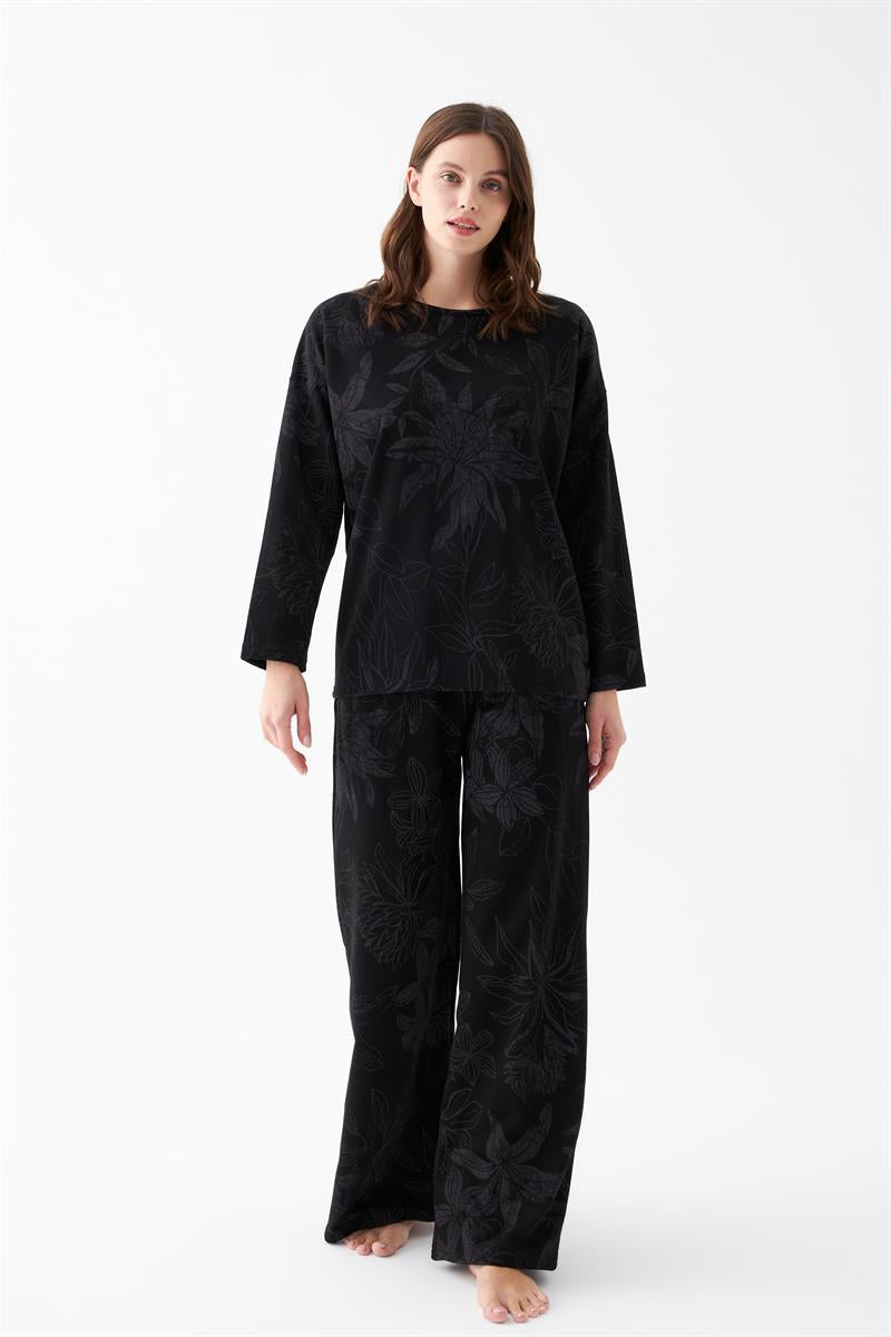Akbeniz Kadın Oversize Siyah Çiçek Desenli Pamuklu Kalın Pijama Takımı