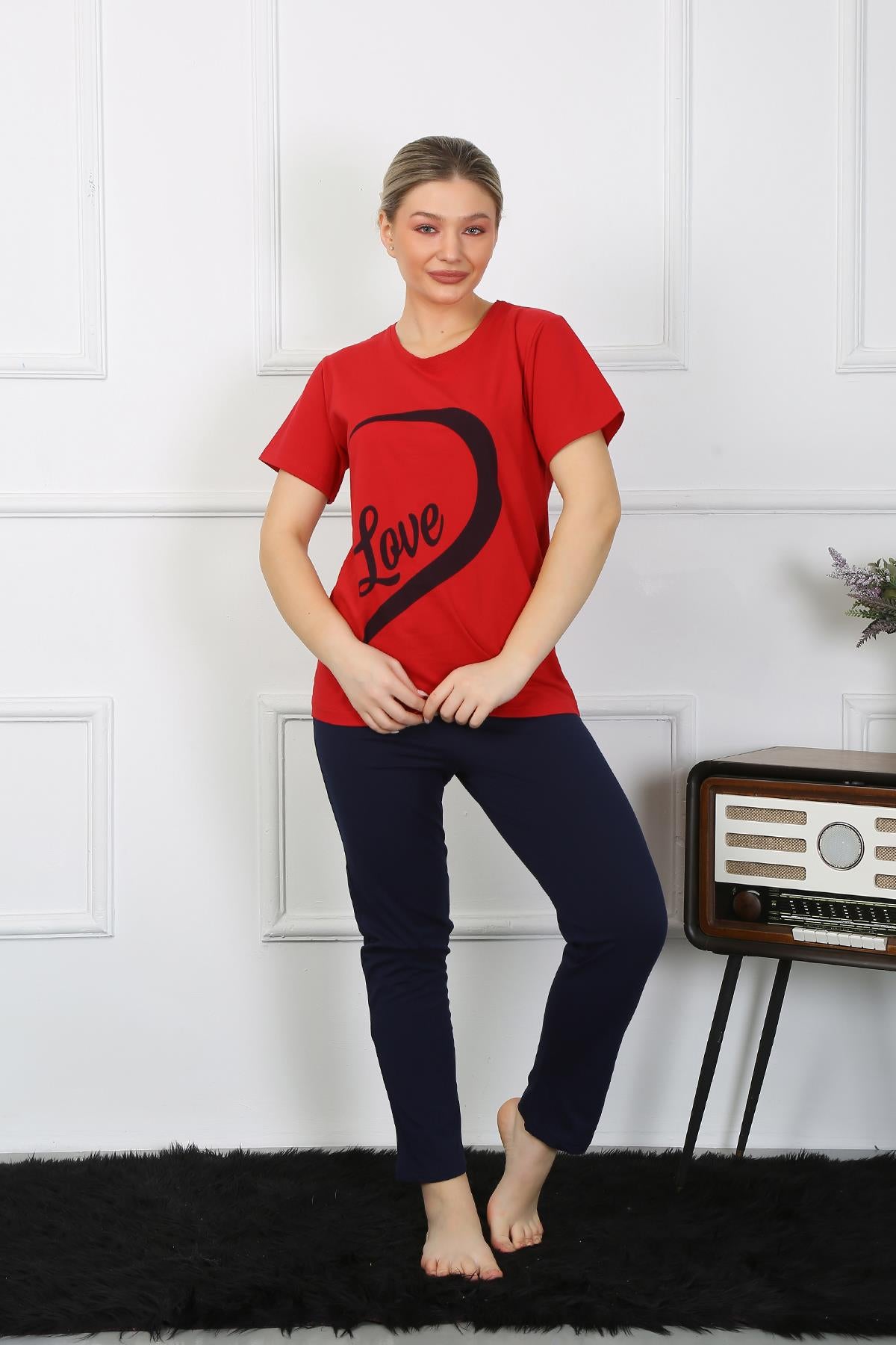 Akbeniz Kadın Pamuk Penye Sevgili Kombini Pijama Takımı Kırmızı 50128 Tek Takım Fiyatıdır