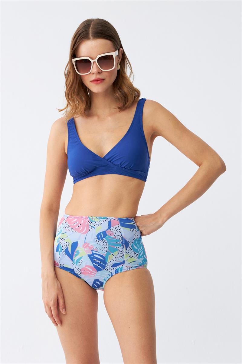 Akbeniz Kadın Pedli Yaprak Desenli Yüksek Bel Sax Bikini Takımı
