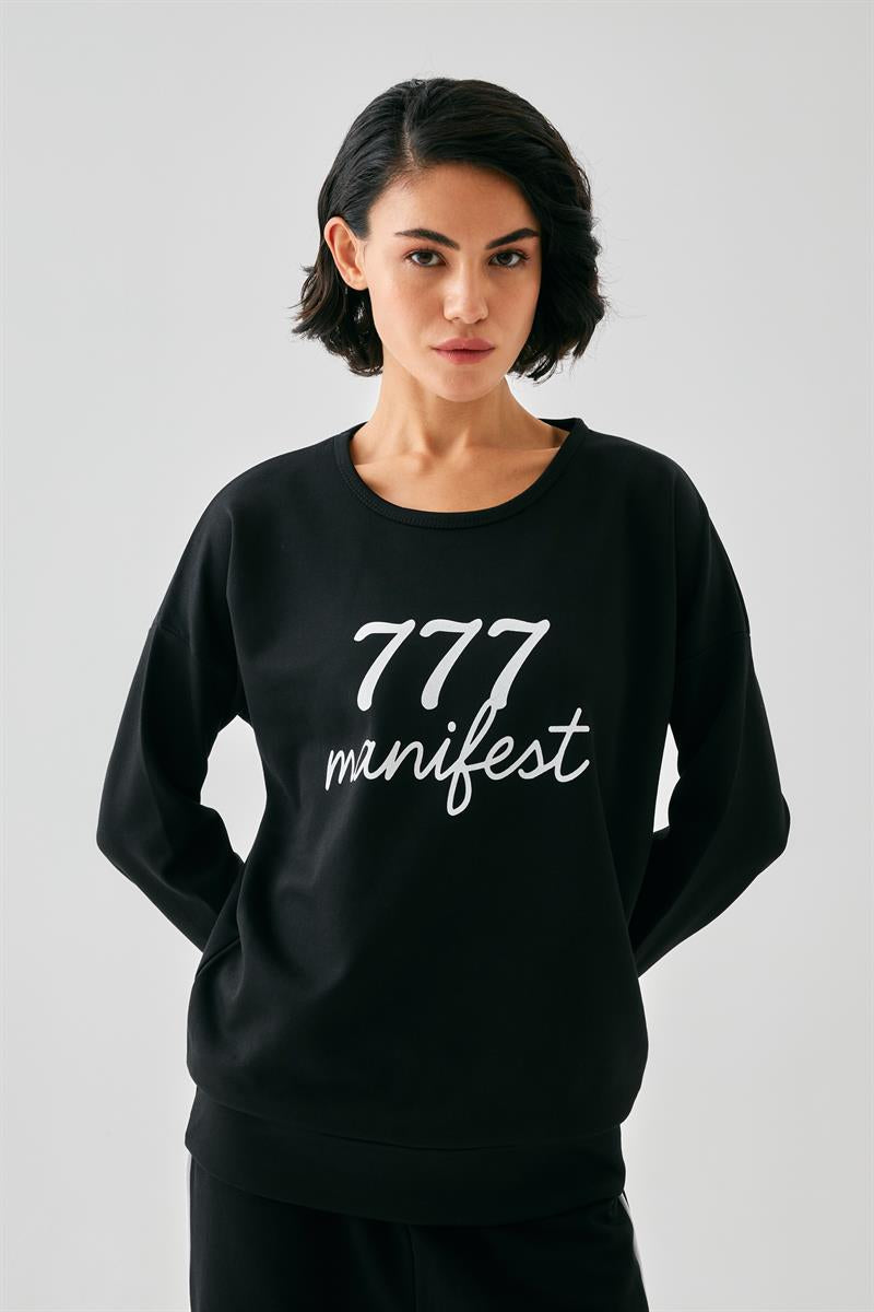 Akbeniz Kadın Siyah 777 Manifest Oversize 2 İplik Eşofman Ev Giyim Takımı