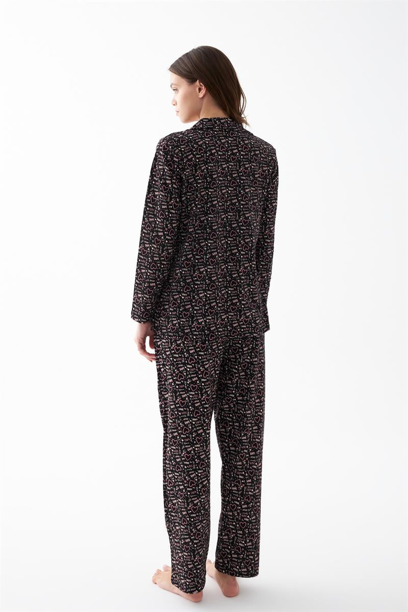 Akbeniz Kadın Siyah Düğmeli Kalp Desenli Pamuklu Pijama Takımı