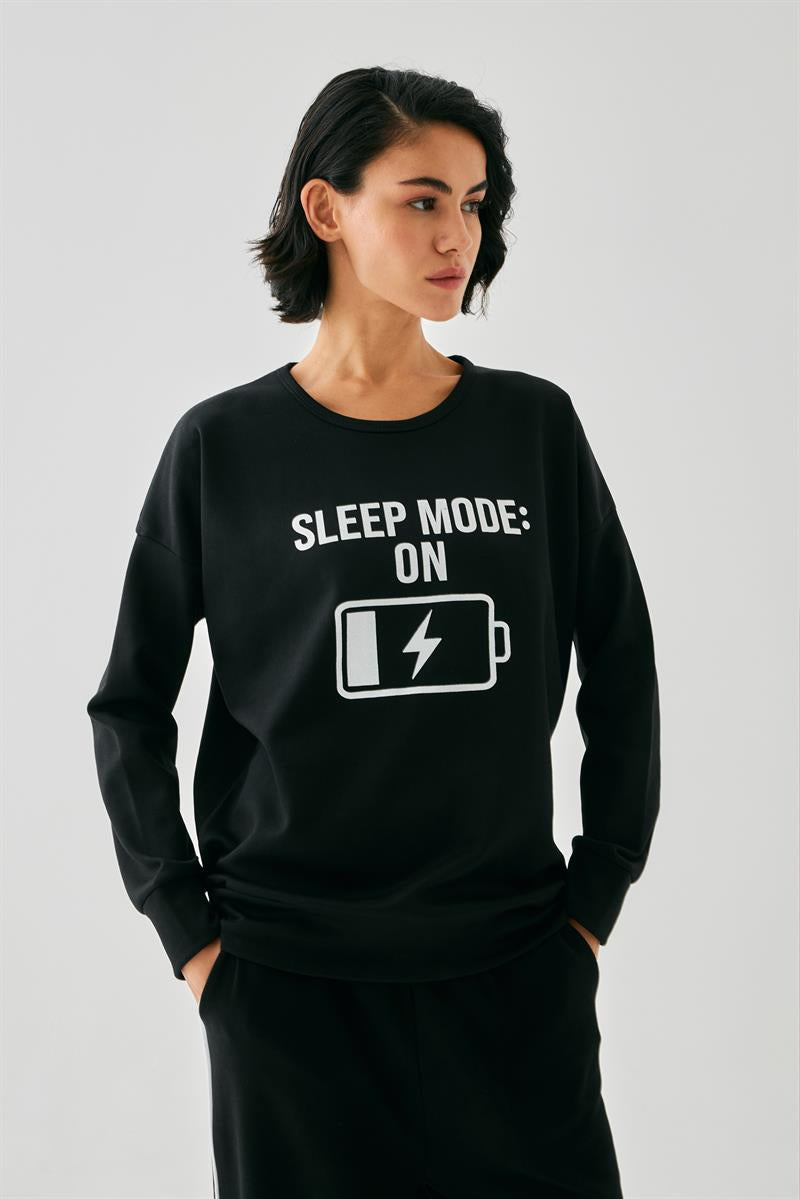 Akbeniz Kadın Siyah Sleep Mode ON Oversize 2 İplik Eşofman Ev Giyim Takımı