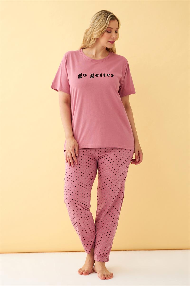 Akbeniz Kadın Somon Go Getter Yazılı Büyük Beden Pijama Takımı