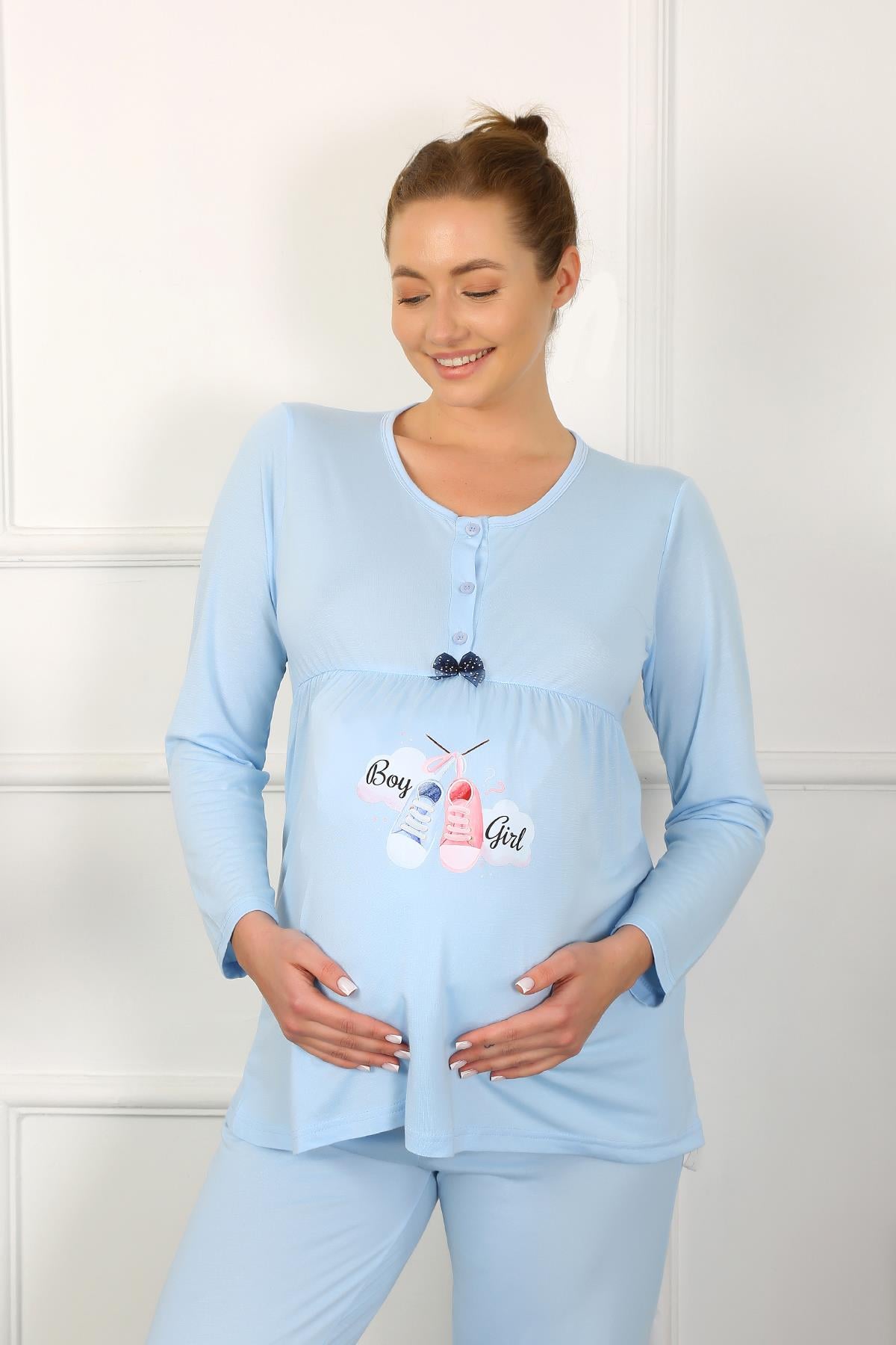 Akbeniz Kadın Uzun Kol Hamile Lohusa Pijama Takımı Mavi 45501