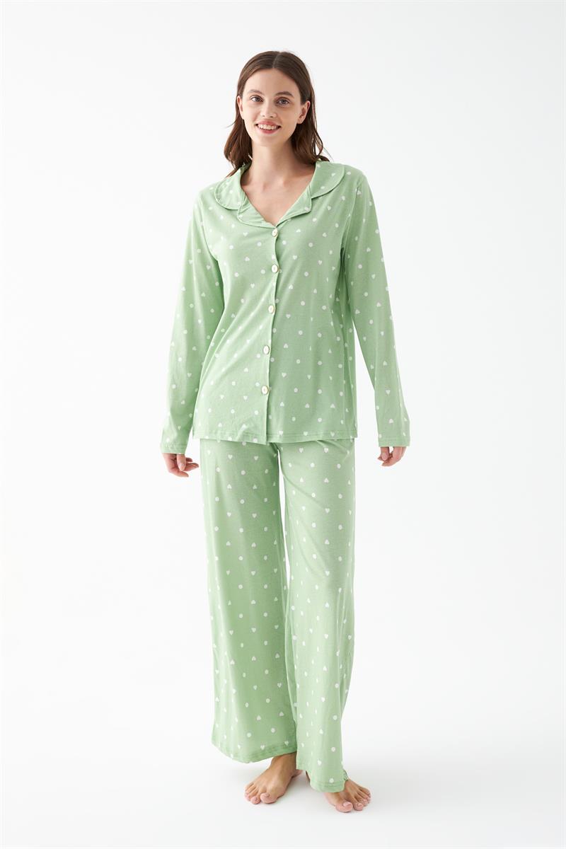 Akbeniz Kadın Yeşil Kalp Desenli Düğmeli Pamuklu Pijama Takımı
