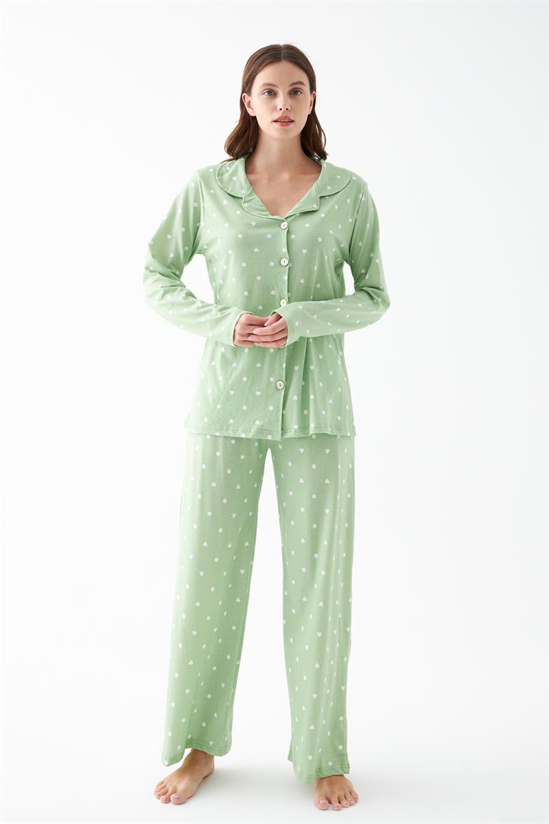 Akbeniz Kadın Yeşil Kalp Desenli Düğmeli Pamuklu Pijama Takımı