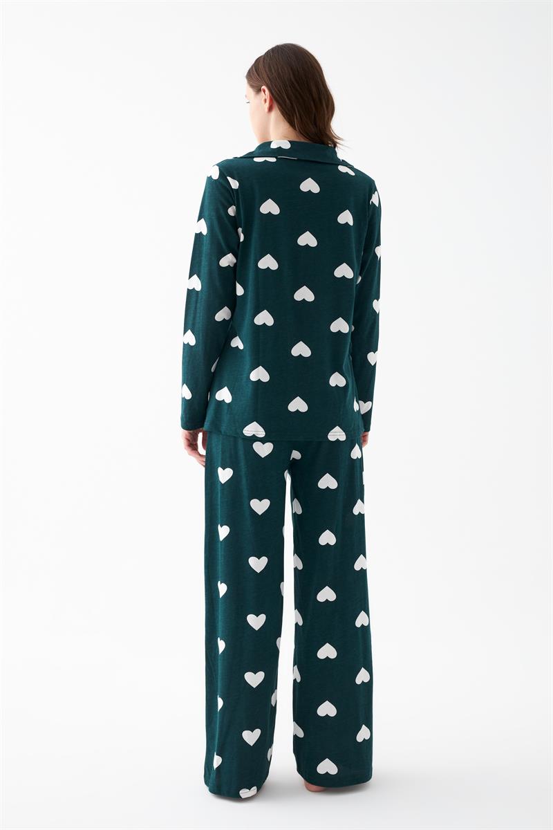 Akbeniz Kadın Zümrüt Yeşili Kalp Desenli Düğmeli Pamuklu Pijama Takımı