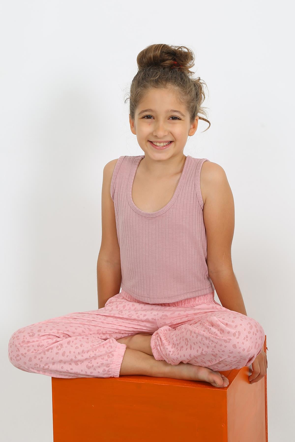 Akbeniz Kız Çocuk Sıfır Kol Gül Kurusu Penye Pijama Takım 20433