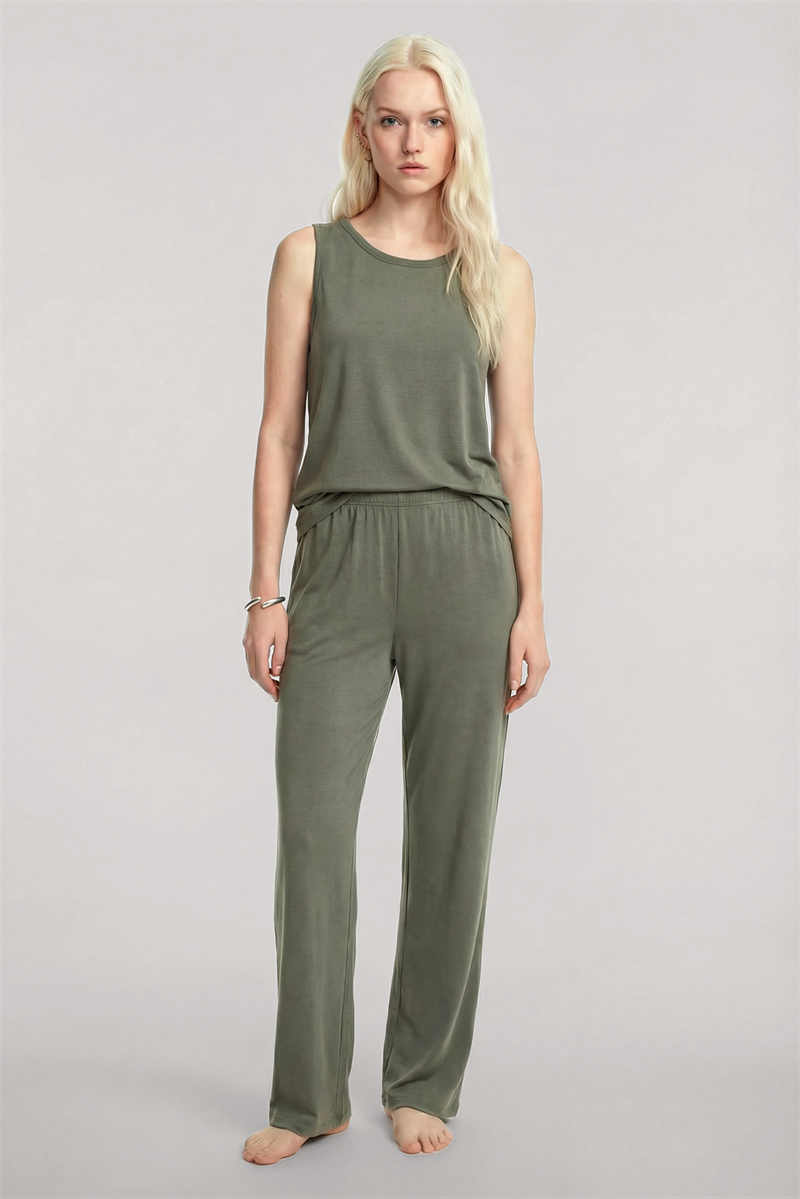 Akbeniz Kolsuz Minimal Yumuşak Dokulu Pijama Takımı Haki