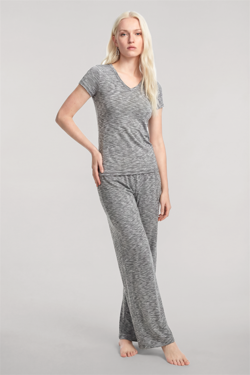 Akbeniz V Yaka Yumuşak Dokulu Pijama Takımı Gri