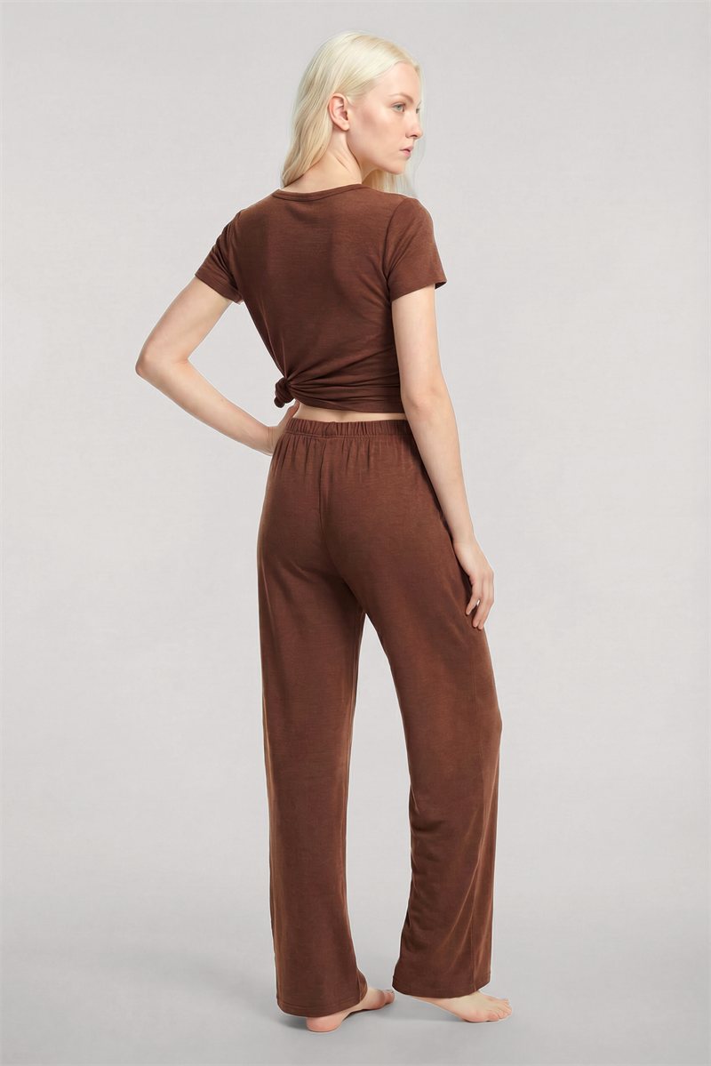 Akbeniz V Yaka Yumuşak Dokulu Pijama Takımı Kahve